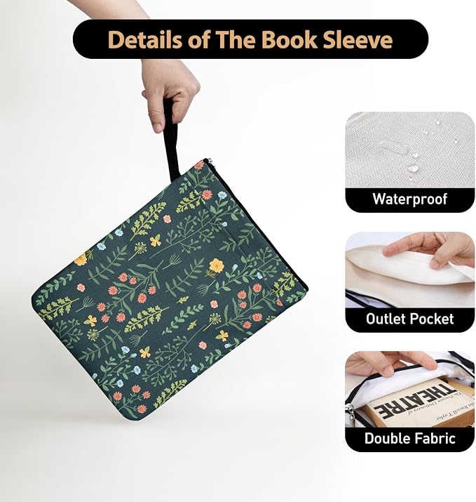 Wildflower Pattern Book Sleeve for Book Lovers Women Grandma Daughter Readers Librarian with Zipper & Handle, BookCover Case Book Club Gifts Book Accessories