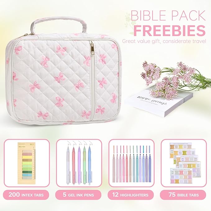 Bible Cover Case for Women Large Bible Cover with Durable Handle Quilted Bible Carrying Case for Girls Bible Study Supplies Accessories (Pink Bow, Pink Bow)