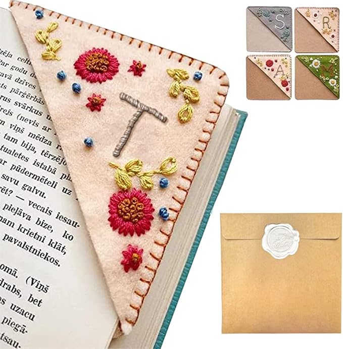 Personalized Hand Embroidered Corner Bookmark, 26 Letters Hand Stitched Felt Corner Letter Bookmark, Cute Flower Embroidery Bookmarks for Book Reading Lovers Meaningful Gift (Fall，T
