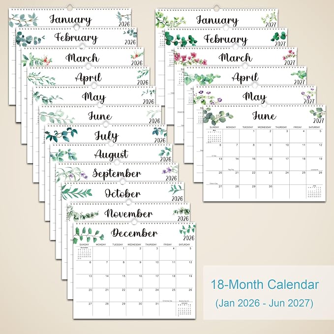2026-2027 Wall Calendar - 18 Months (Jan 2026 - Jun 2027), 14" x 11" Colorful Printed Calendar with 1.9"x1.8" Daily Writing Space, Holiday Reminders & 4 Stickers for Home/Office Planning