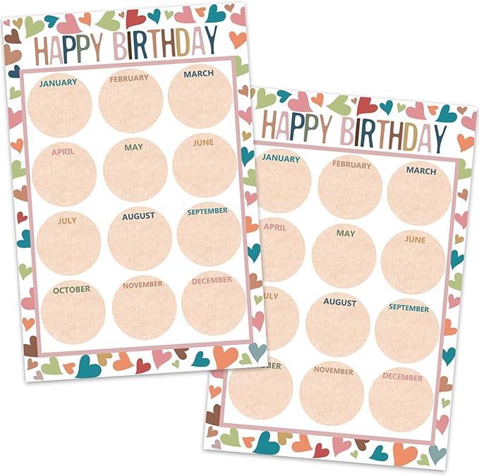 Happy Birthday Chart for Classroom, 2Pcs Boho Birthday Poster Decoration 17’’ x 12’’ Boho Birthday Cake Calendar Cutouts for School Bulletin Board, Chalkboards, Wall Decor