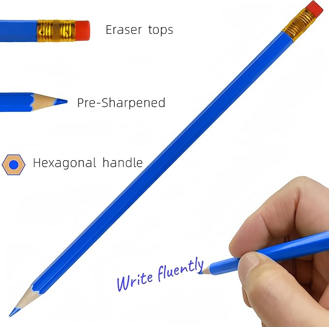 24 Pcs Erasable Checking Pencils, Pre-Sharpened, for Marking, Coloring, Tests, Grading, Office, (Blue)