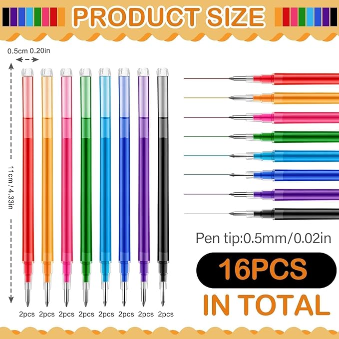 Colorful Erasable Gel Ink Pen Refills Compatible with Frixion Friction, Replaceable Medium Fine Point Clicker Refill Stationery (Millimeters, 0.5, 16Pcs)
