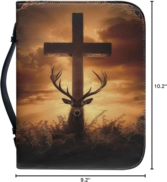 Print PU Bible Cover – Personalized Leatherette Bible Covers and Carrying Case with Handle, Men Bible Case,Deer and Cross,Small