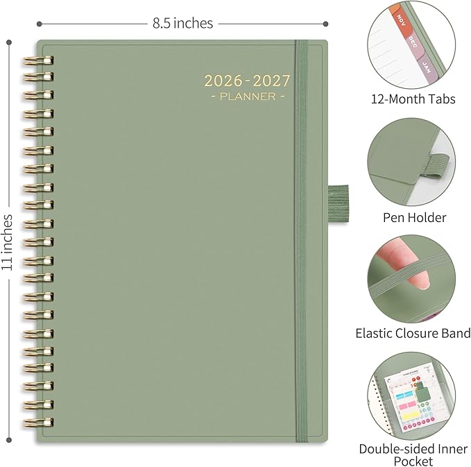 RETTACY Academic Planner 2026-2027, Weekly and Monthly, July 2026 - June 2027, Large Size (8.5" x 11"), Calendar, Agenda, 12-Month Tabs, for Student, Teacher, School (Light Green)