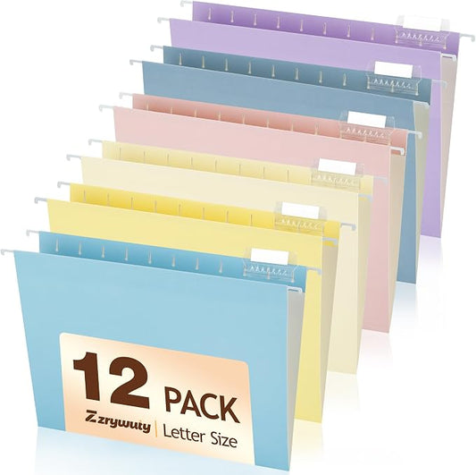 Zzrywuty Hanging File Folders Letter Size, 12-Pack Hanging File Folder with 1/5-Cut Tabs, Color File Folders Hanging Organizers for Filing Cabinet, Bulky Files & Medical Charts