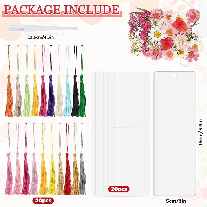 20 Sets Dried Flower Bookmark Making Kit Transparent Bookmark DIY Projects Craft Gift Bulk PET Sticker with Color Tassels and tweezer for Classroom Activities Reading Award and Book Lovers