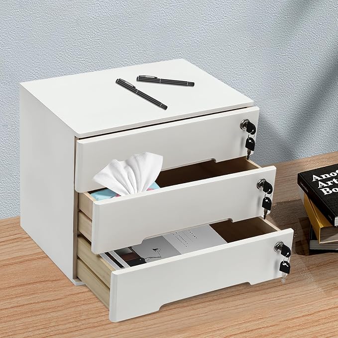 Wooden Desktop Storage Box with Lockable Drawers, Flat File Cabinet Drawer Desktop Storage Box, Countertop Storage Cabinet for Office Home Toiletries Supplies Vanity (White, 3 Drawer)