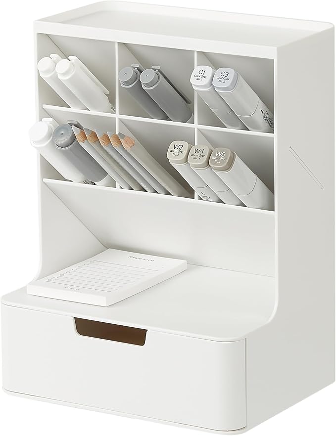 BLUE GINKGO Hive Desk Organizer – Vertical 6-Compartment, Full-drawer Storage – Space-Saving Pen Holder, Stationery Storage – Organizer for Office, School Supplies, Makeup (Made in Korea, White)