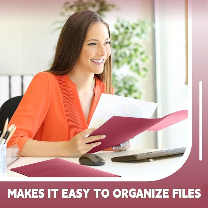 Gueevin 100 Pack Plastic Folder with Pockets, 2 Pocket Folders, Plastic Glossy Folders Fit Letter Size Paper, Heavy Duty Durable File Folder with Business Card for Home Office School (Dark Red)
