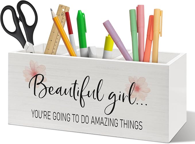 Pink Floral Motivational Pen Holder Organizer Desk Decor, Inspirational Encouragement Gifts for Women Girls Wooden Pen Pencil Holders for Home Office Desk Accessories