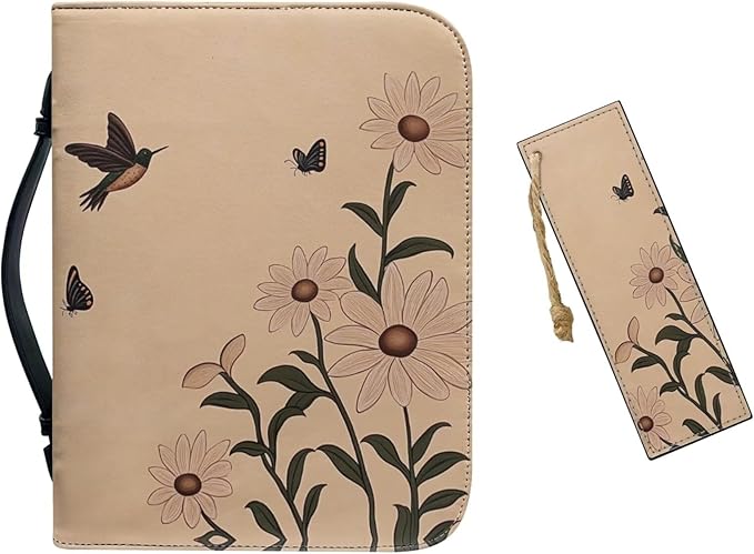 Leather Large Bible Cover with Bookmark，Carrying Book Case Church Bag Bible Protective w/Pen Slots and Zippered Pocket,Gift for Women,Daisy Bird,Medium