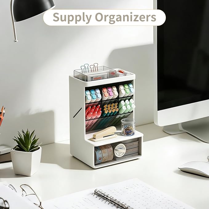 Office Desk Organizer with Drawer, 6 Compartments Pen Holder for Stationery & Craft, Multi-Purpose Art Supply Organizers Pencil Holder for Desktop, Vanity, Bathroom, Pantry & Home Storage
