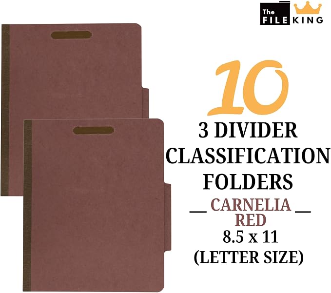 The File King Three Divider Pressboard Classification Carnelia Red File Folder - Letter Size | Box of 10 | 2/5 ROC Top Tab | 3” Expansion | Eight 2-Inch Fastener Prongs | USA Made