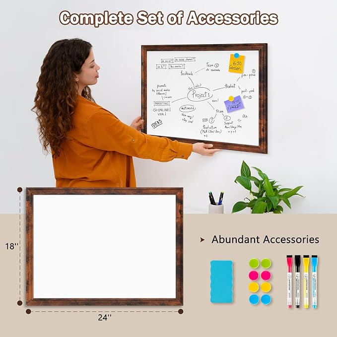 DOLLAR BOSS Magnetic Whiteboard for Wall 24" x 18" Vintage Wood Framed White Board Decorative Dry Erase Board for Home Office Shop Decor Display with 4 Markers, 8 Magnets, 1 Eraser, Rustic Brown