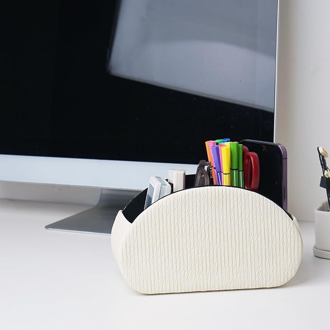 Remote Control Holder, PU Leather Remote Caddy Desktop Organizer with 5 Spacious Compartments for TV Remotes/Media Controllers/Office Supplies (1-Wood Yellow