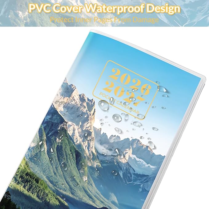Pocket Calendar 2026-2027, Purse Planner, 3.7" x 6.7", Runs from January 2026 Until December 2027, Pocket Monthly Calendar with Mountain PVC Cover for Office