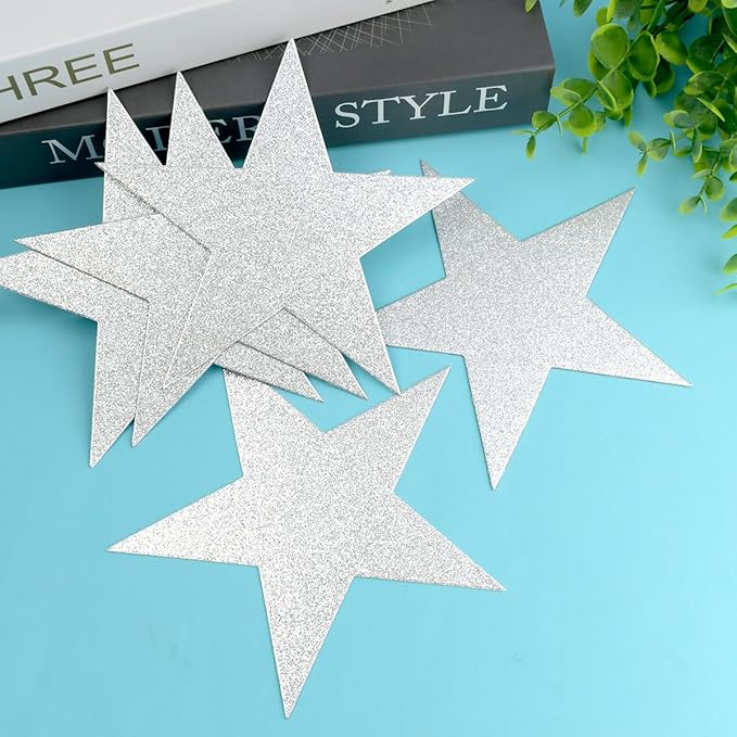 60 Pcs Glitter Star Cutouts Paper Double Printed Paper Star Decorations, 6 Inch Stars Decoration for Wedding Party Bulletin Board Classroom Decoration Supply (Silver)