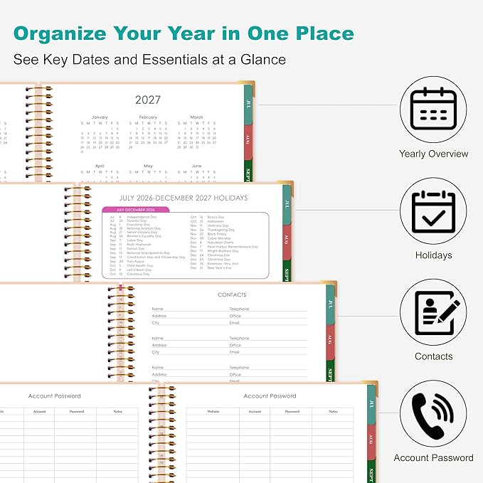 CAGIE Planner 2026-2027, 18 Month Weekly and Monthly Planner, Marble Design Calendar with Tabs, Jul 2026–Dec 2027, Large 8.5" x 11" A4 Hardcover Spiral Agenda Planner for Home, Work, School and Teacher (Green）
