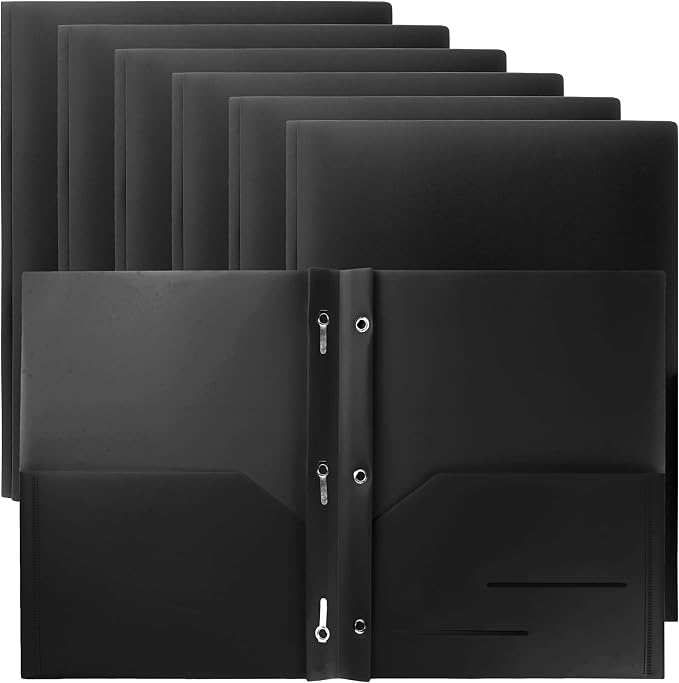 Youngever 6 Pack Heavy Duty Plastic Two Pocket Folders with 3 Prongs, Metal Prongs Fastener, Heavy Duty Plastic 2 Pocket Folder (Black)