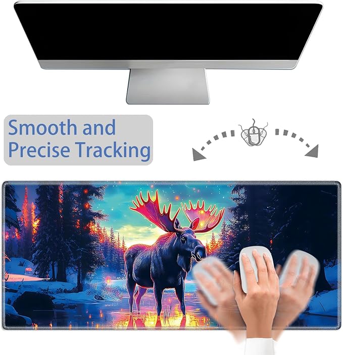 Mouse Pad Gaming Mousepad 31.5x11.8 Inch XXL Large + Coasters,Desk Mat with Stitched Edges, Non-Slip Rubber Base, Thick Mouse Pad for Computer, Laptop, Office & Home - Glowing Moose Deer