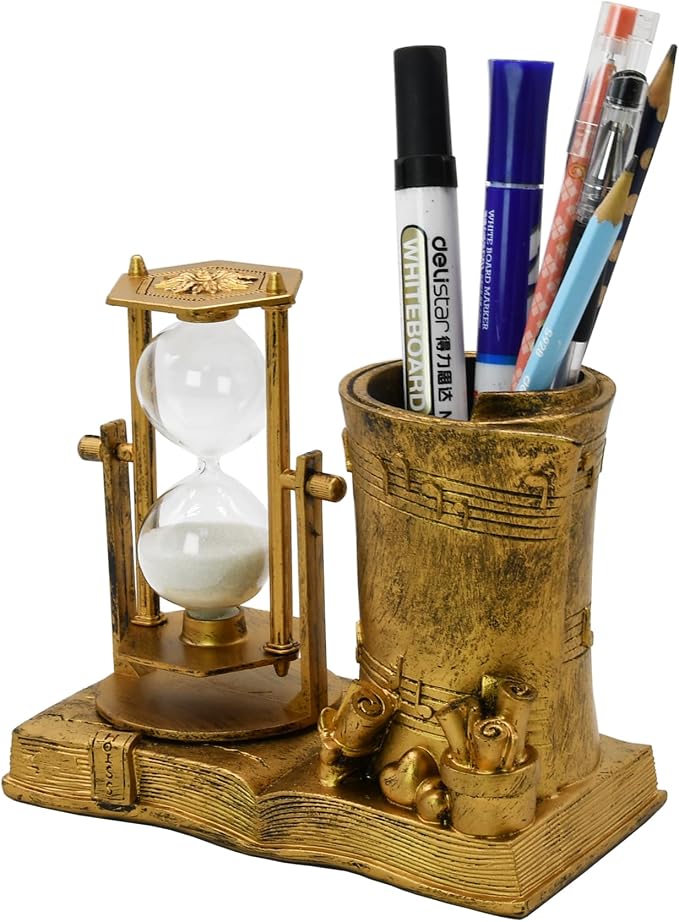 Owlgift Music-Themed Pencil Holder with Hourglass, Resin Desktop Organizer for Office & Study, Pen Holder with Sand Timer, Classic Addition Scissors Storage, Artistic Accessory Gift
