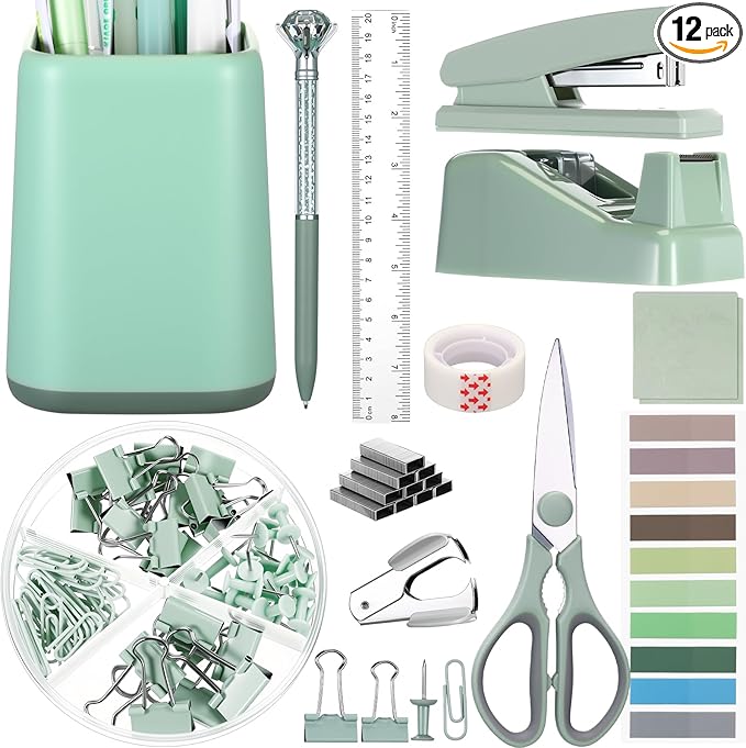 Marspark 12 Pcs Sage Green Office Supplies Desk Accessories Set Pen Holder Tape Dispenser Stapler Staple Remover Staples Tape Ruler Scissor Pen Sticky Note Index Tab Clips Set for Office School Home