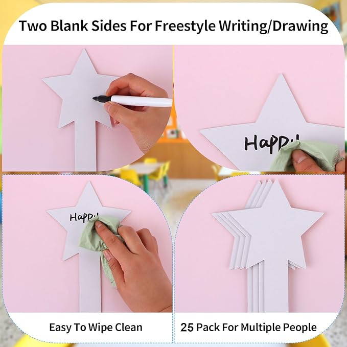 25 Pieces Star Shape Dry Erase Answer Paddles Handheld Double Sided Paddles Mini White Boards Small Dry Erase Board Auction Paddles for Students Teacher Classroom Bidding Voting Score Boards