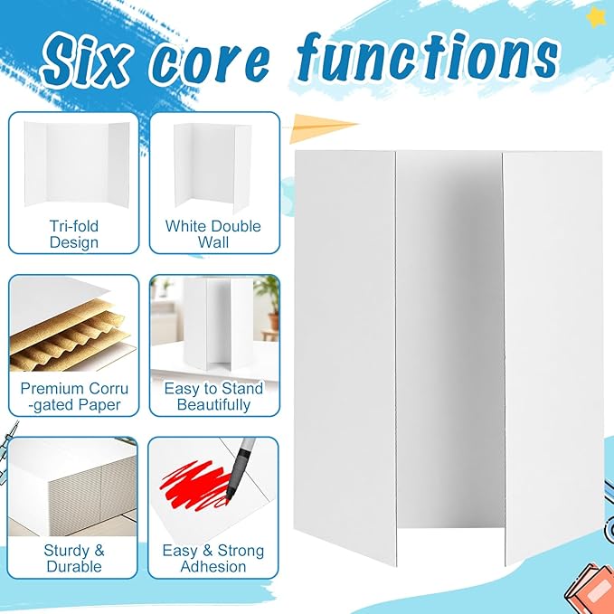 12 Pcs Small Trifold Poster Board, 21.4" x 14" Presentation Board, with Double Sided Tapes and Cardboard, White Corrugated Project Boards/Display Board for School Project/Science Fair Display Boards