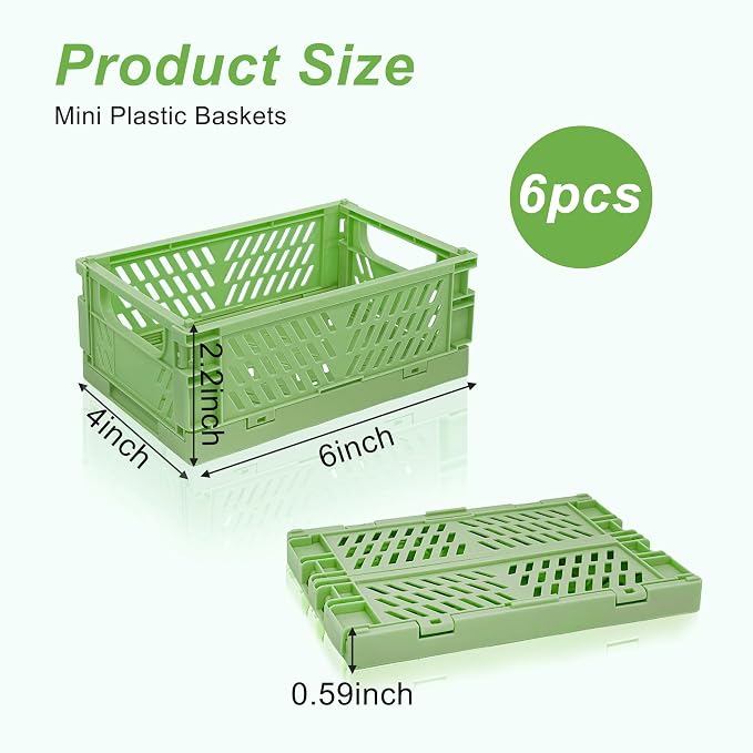6 Pack Mini Foldable Small Plastic Baskets for Organizing and Storage，Collapsible Storage Crates,Mini Bins for Home Kitchen Bedroom Bathroom Office (Green, Small 6x4x2.2)