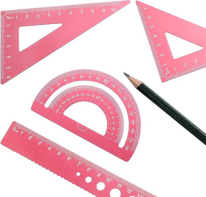 4 Pcs Triangular Ruler Set, Aluminum Alloy Geometry Tools, Metal Drafting Ruler for Students, Draftsmen, Engineers, School Office Supplies with Protractor & Metric Scales (Pink)