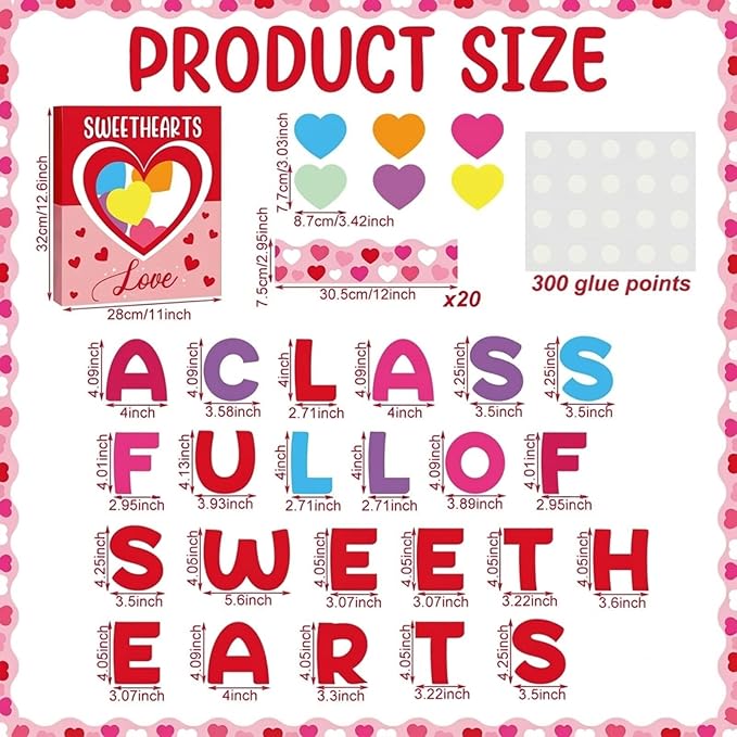 Gueevin 104 Pcs Valentine's Day Love Heart Bulletin Board Set 3D Sweetheart Box with Love Heart Stickers Decorations a Class Full of Sweethearts for Valentine's Office School Classroom Wall Decor