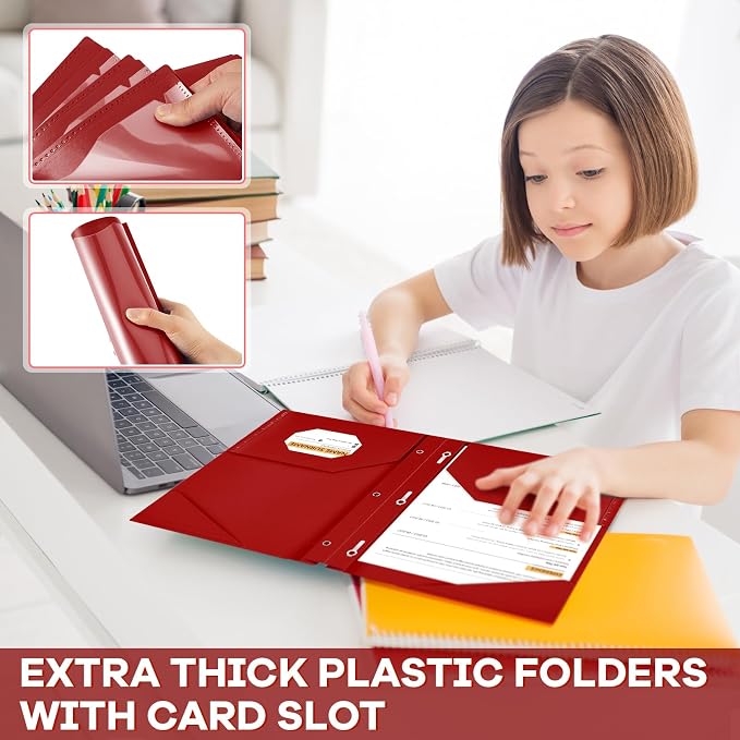 Henoyso 36 Pcs Plastic Folder with Clear Front Pocket and 3 Prong Plastic Folders with Card Slot Pocket Folders with Prongs for School Office (Burgundy)