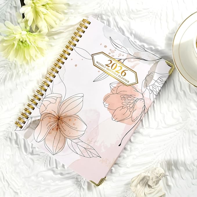 2026 Planner, Jan.2026 - Dec.2026 Planner Weekly and Monthly 6.25"x8.5" with with Page Tabs, Calendar Hardcover with Inner Pocket, Elastic Band, Twin-Wire Binding, Bookmark, Flower