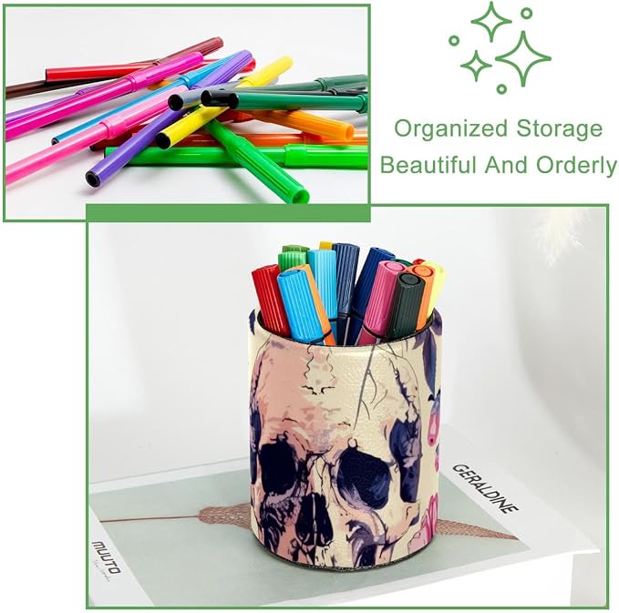 Pen Cup Holder for Desk, Large Pen and Pencil Holder, Skulls with colorful Floral Art Pattern Desk Stationery Organizer Makeup Brush Holder for Home, Office, School