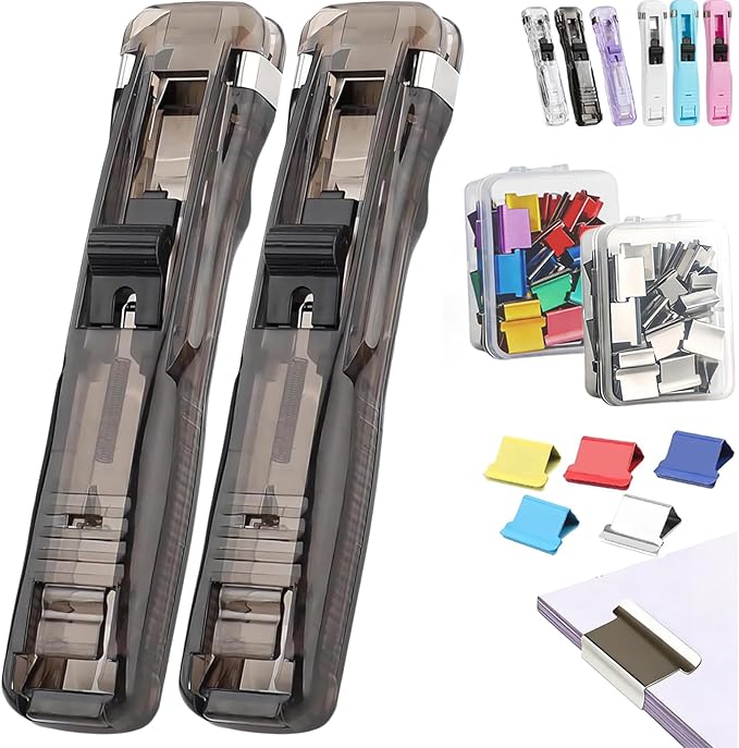 Portable Binder Clip Stapler - Includes 100 Reusable Clips, No Staples, No Holes,Push Clip Paper Clam Dispenser, Reusable Desktop Stapler for Document Home School (2-G)
