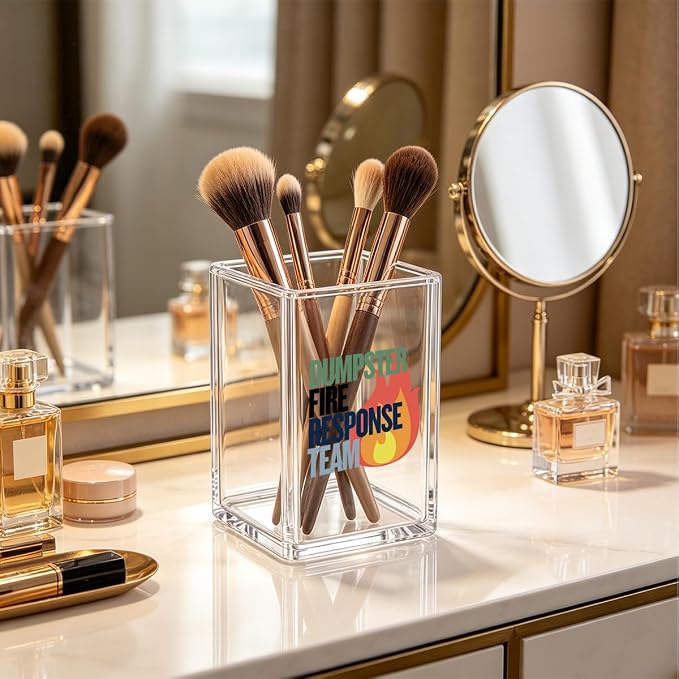 Funny Acrylic Pen Holder for Desk - Dumpster Fire Response Team - Clear Makeup Brush Organizer & Pencil Cup, Sarcastic Office Decor Desktop Stationery Storage for Coworker Workplace Humor