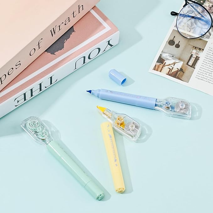 Temiary 3 Pcs 2 In 1 Aesthetic White Correction Tape and Pastel Highlighters Set, Smooth Pull Out Tape with Highlighter Pen for Bible Journaling School, Home, and Office Supplies (Multicolored)