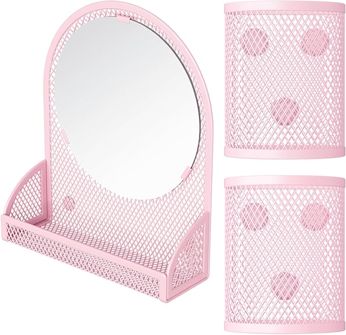 Svartur Locker Mirror Magnetic with 2 Magnetic Pen Holders, Pink Locker Accessories for Girls, Locker Organizer for Work, for School Locker Decor, Gym Locker, Fridge