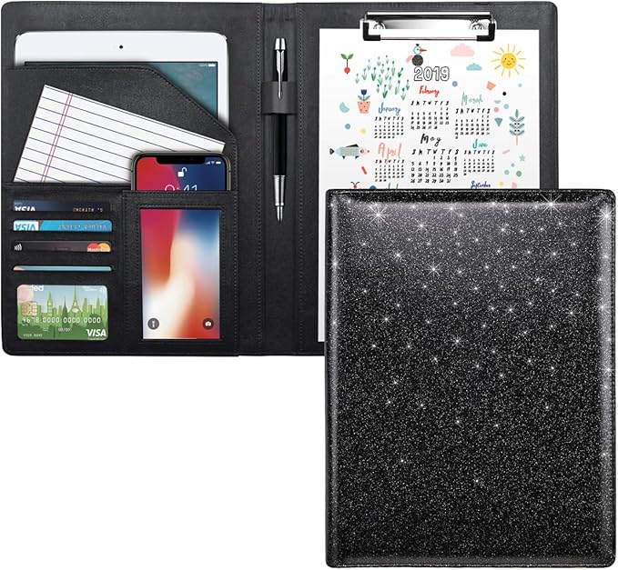 WAVEYU Glitter Portfolio Case, Bling Padfolio Cover for Women, Conference/Resume/Legal Document Organizer with Letter/A4 Size Clipboard Hardboard, Business Card Holders, Black