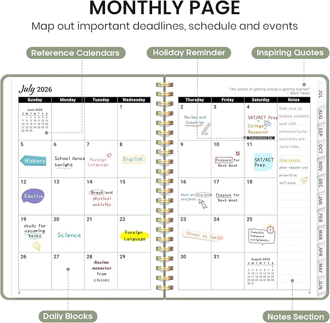 Planner 2026-2027 for Women & Men, Academic Monthly and Weekly Calendar Planner, Jul 2026 - Jun 2027, A5 (6.3" x 8.5"), Teacher Student Planning Book with Tabs, Ideal for Office School Supplies - Green