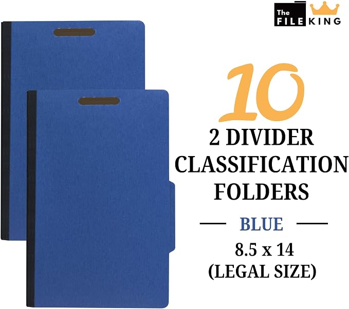 The File King Pressboard Classification Blue Partition File Folder | Legal Size - Box of 10 | Two Dividers | Six 2” Durable Fastener Prongs | 2/5 Cut Top Tab | 2” Expansion