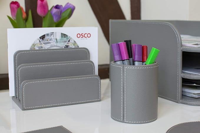 Osco Grey Faux Leather Pen Pot, Desk Tidy Pencil Holder, Office Organiser, Makeup Brush Holder, Stationery Storage, Cosmetics Display, Home Office Accessories, Compact Desk Organiser