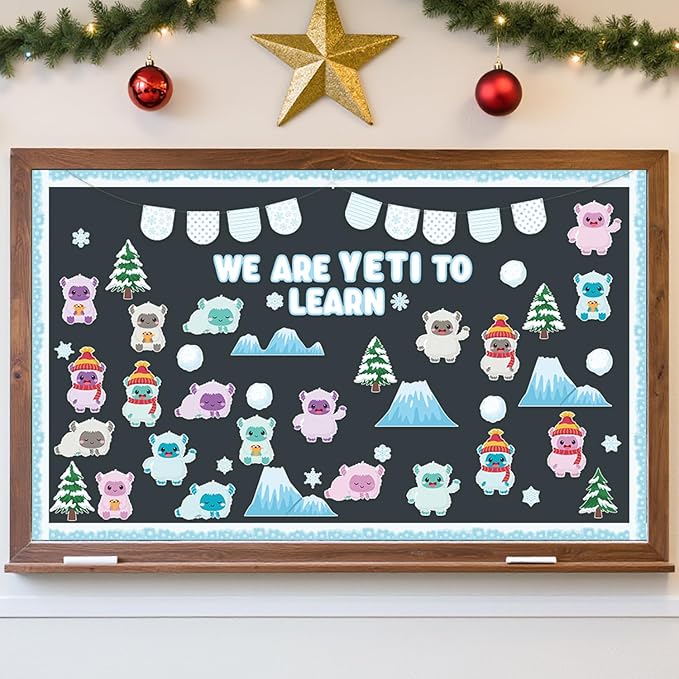 Christmas Bulletin Board Decoration - 123pcs Snow Monster Cutout with Banner Decor Set, Winter Yeti Fireplace Chalkboard Classroom Wall Accents Ideas Kits for School Class Home Supplies