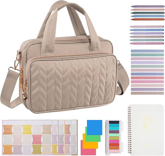 KOPKOFT Bible Cover Case for Women, All-in-One Bible Study Supplies Journaling Kit with Highlighters Tabs, Quilted Book Carrying Cases, Christmas Christian Gifts for Women (Smokey Taupe)