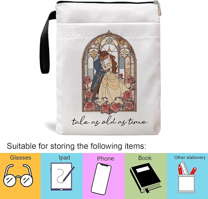 Tale As Old As Time Belle's Book Covers with Zipper, Gifts for Women, Teacher, Librarian, Bookworm, Kindle Protector (White, Large)