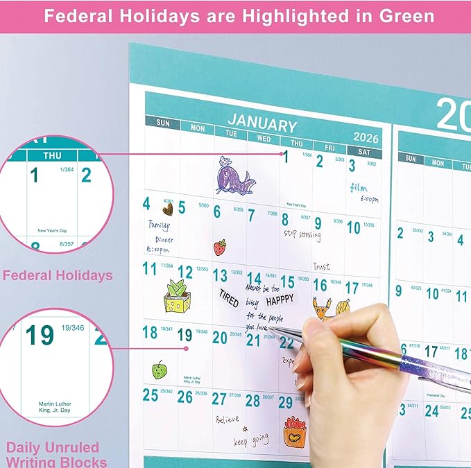 2026 Calendar - Yearly Wall Calendar 2026, Jan.2026 - Dec.2026, 34.3" x 22.8"(open), 2026 Wall Calendar with Thick Paper, One Page for Organizing, Vertical, Round Stickers - Green