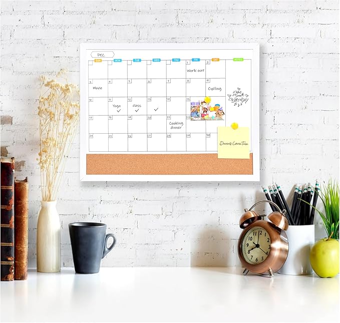 Monthly Whiteboard Calendar with Cork Board for Wall, 17"x13",Magnetic Dry Erase Board with White Wood Framed,2-1 Wall Planner Whiteboard,Bulletin Board with Pins for Home,School,Office