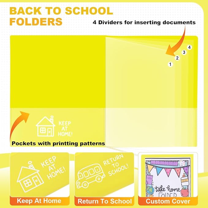 24 Pcs Back to School Take Home Folders for Elementary Students 2 Pocket Folders with Clear Front Pocket 4 Inner Pockets Plastic Parent Teacher Communication Folder 11.81 x 9.45 Inch (Yellow)