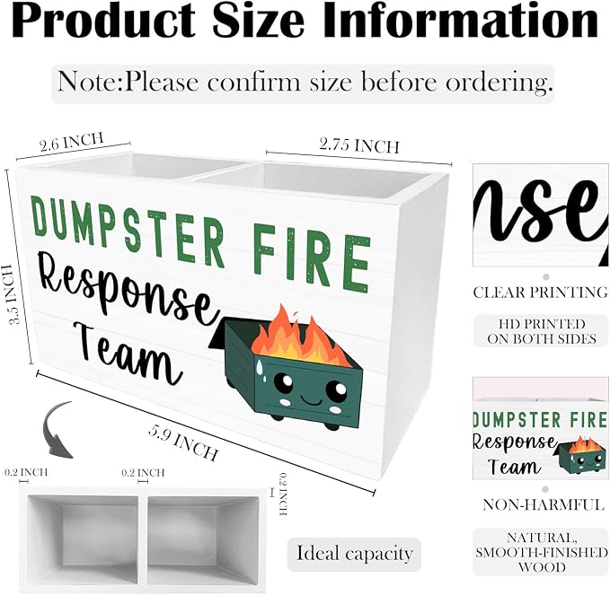 Funny Dumpster Fire Pen Holder for Desk, Dumpster Fire Response Team Wooden Box Sign Desk Decor for Office Decoration, Sarcastic Office Pencil Organizer, Funny Coworker Gifts